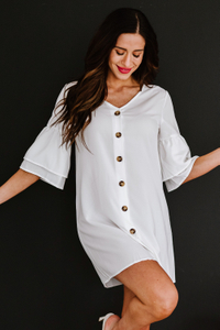 Stockpapa White V Neck Buttoned Bell Sleeve Shift Shirt Dress 